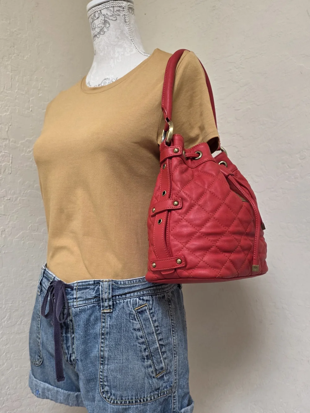 MCM Red Drawstring Bucket Quilted Handbag Satchel AUTHENTIC
